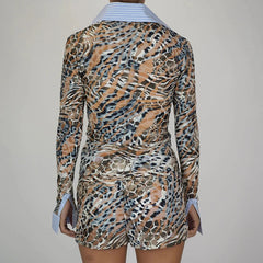 Aiertu  -  Animal Graphic Print 2 Piece Patchwork Button Up Long Sleeve Blouse T-shirt Tops + Shorts Vintage Women Y2k Coquette Outfits Aiertu