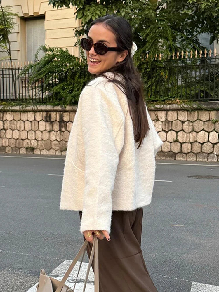 PICSGIRL  -  Faux Fur Jackets Women Casual Loose V Neck Double Breasted Thick Warm Coats Female  Winter Fashion Solid Long Sleeves Coat Aiertu