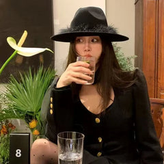 Aiertu  -  Black Fedora Hat For Women Men British Style Outdoor Flat Brim Top Hat Female Ostrich Fur Furry Wide Brim Party Cap Lady Aiertu