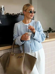Aiertu  -   Tweed Woolen Short Blazer Jacket Women Single Breasted Pockets Office Lady Vintage Slim Coat Blue Autumn Winter New Aiertu