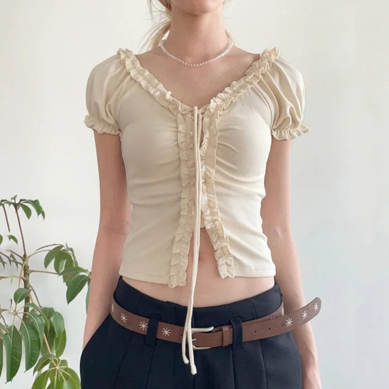 Aiertu  Women Y2k Aesthetic Ruffled Bandage T-shirt Summer Harajuku Fairy Vintage Slim Fit Tees Grunge Cropped Pleated Tops Streetwear Aiertu