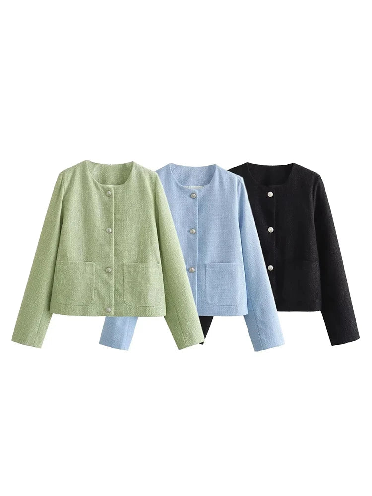 Aiertu  -   Tweed Woolen Short Blazer Jacket Women Single Breasted Pockets Office Lady Vintage Slim Coat Blue Autumn Winter New Aiertu