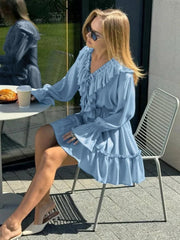 Aiertu  -  2026 Fall V-neck Flare Sleeve Ruffles Short Dresses Streetwear Women's High Waist Lace-up Tunics Ruched A-line Pink Party Dress Aiertu
