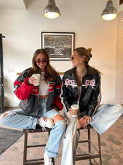 Aiertu  -  Chic Pink Bow Pu Leather Y2k Jacket Women Autumn Vintage Warm Long Sleeve Coat Zipper Coat Lady High Street Midnight Outerwear Aiertu