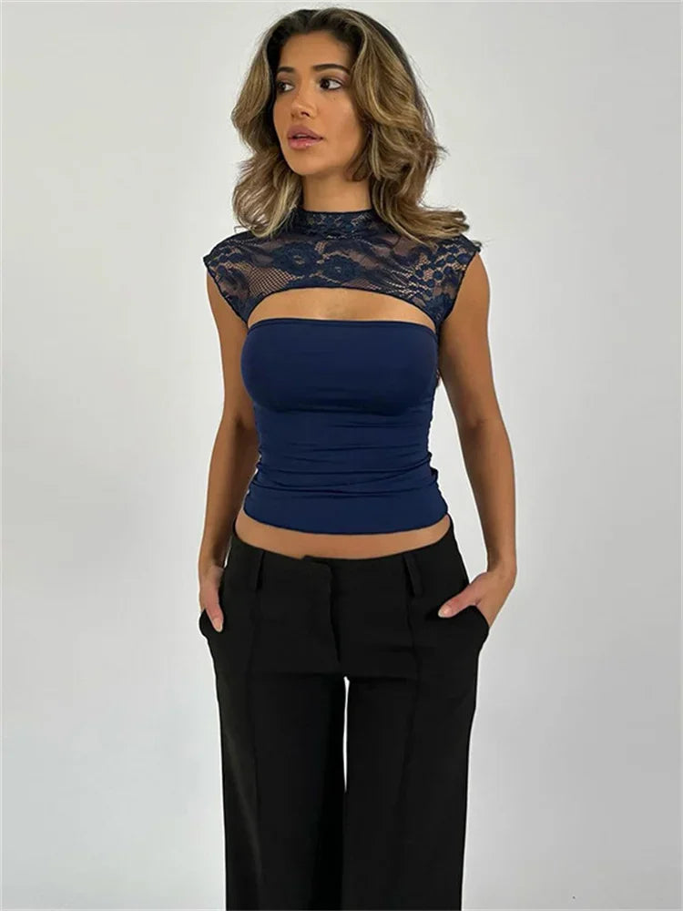 Aiertu  -  Sexy Hollow Out Printed Y2k Top Pullover For Women See-Through Slim Cropped Patchwork Contrast Streetwear Female Tank Top Aiertu