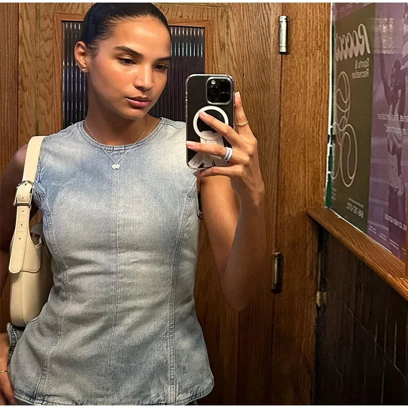 Aiertu  -  Sexy Denim Backless Lace Up Vest Women Slim O-neck Sleeveless Spliced Female Waistcoat Summer Lady Chic Casual Streetwear Aiertu