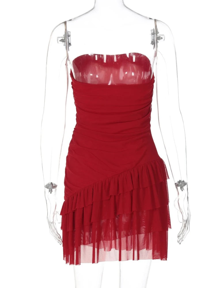 Aiertu  -  Woman Clothes Strapless Ruffles Short Wrap Dress Red Streetwear 2026 Summer Sleeveless Backless Ruched Party Night Club Dresses Aiertu