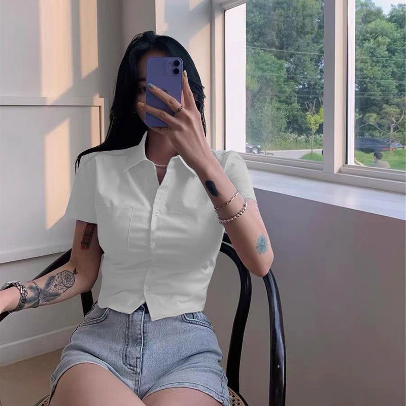Aiertu White Basic Shirts Women Preppy Style Short Sleeve Slim Blouses Student Korean Office Lady Sexy Crop Tops Work Wear Aiertu