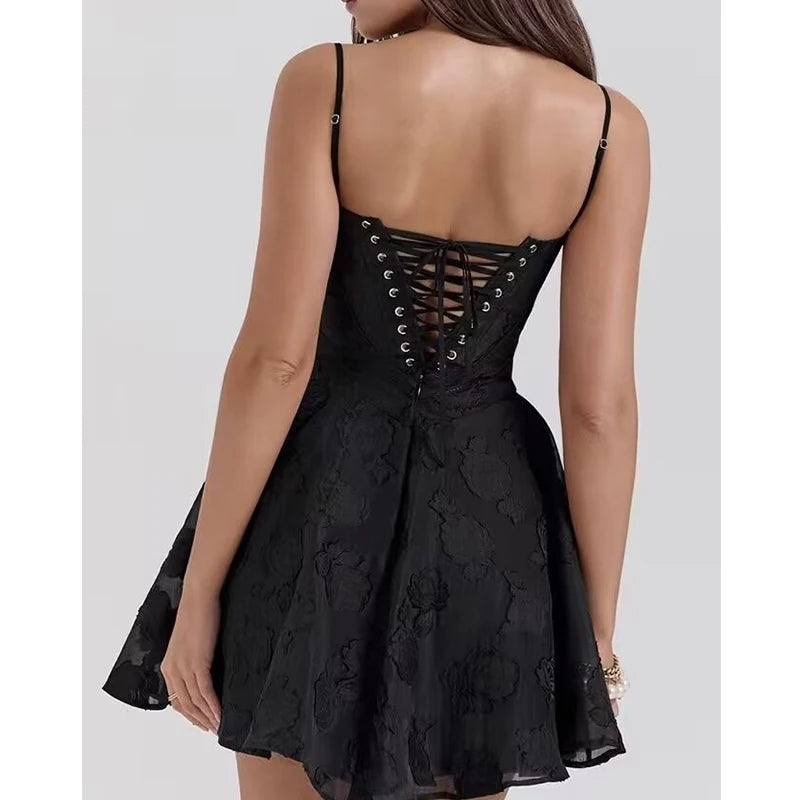 Aiertu  -  Vintage Jacquard Sling Sexy Dress For Women Thin Straps O Neck Low Waist A-line Mini Dresses Female Lace Up Back Summer Robe Aiertu