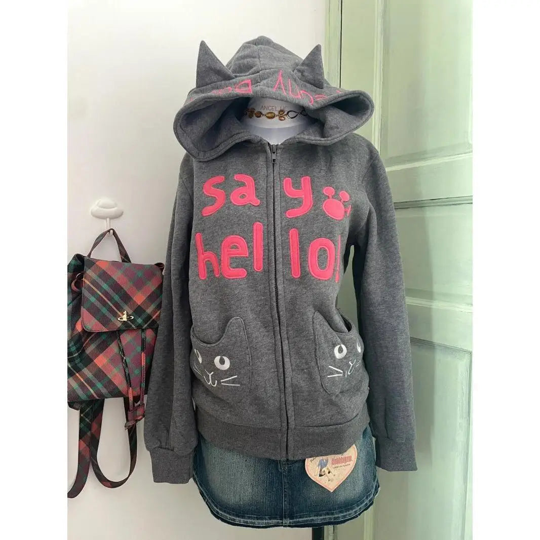 Aiertu  -  American Street Cartoon Cat Embroidered Cardigan Hooded Warm Top for Women Y2k Harajuku Loose Design Zipper Cat Ear Coat Ins Aiertu