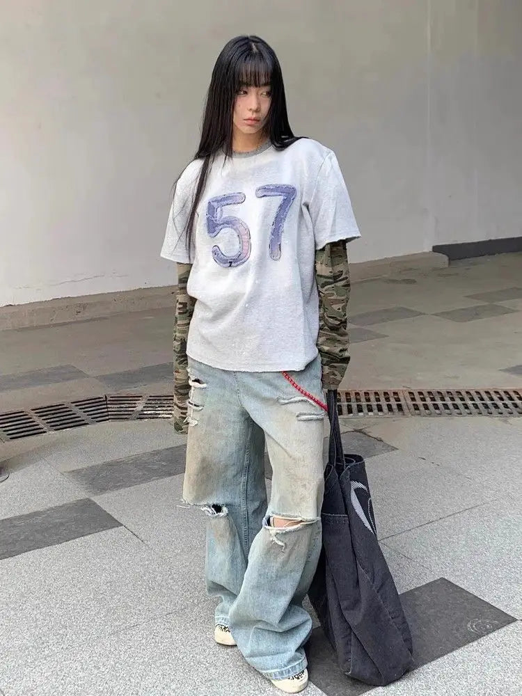 Aiertu  -  American retro old long-sleeved T-shirt women's autumn new fake two-piece camouflage sleeve splicing vintage loose top Aiertu