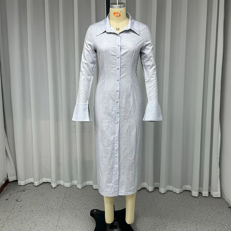 Aiertu  -  Long Dress Autumn Women Office Casual Long Sleeve Lapel Single Breasted Button Solid Nipped Waist Long Dress Streetwear Aiertu