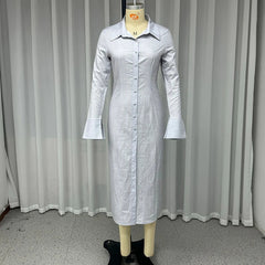 Aiertu  -  Long Dress Autumn Women Office Casual Long Sleeve Lapel Single Breasted Button Solid Nipped Waist Long Dress Streetwear Aiertu