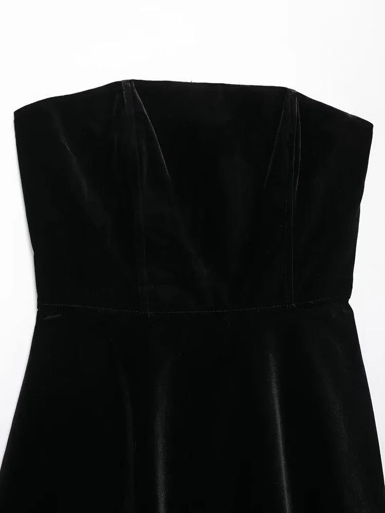 Aiertu  Women Fashion Black Backless Zipper Pleated Mini Dress Vintage Strapless Slash Neck Female Chic Lady Dresses Aiertu