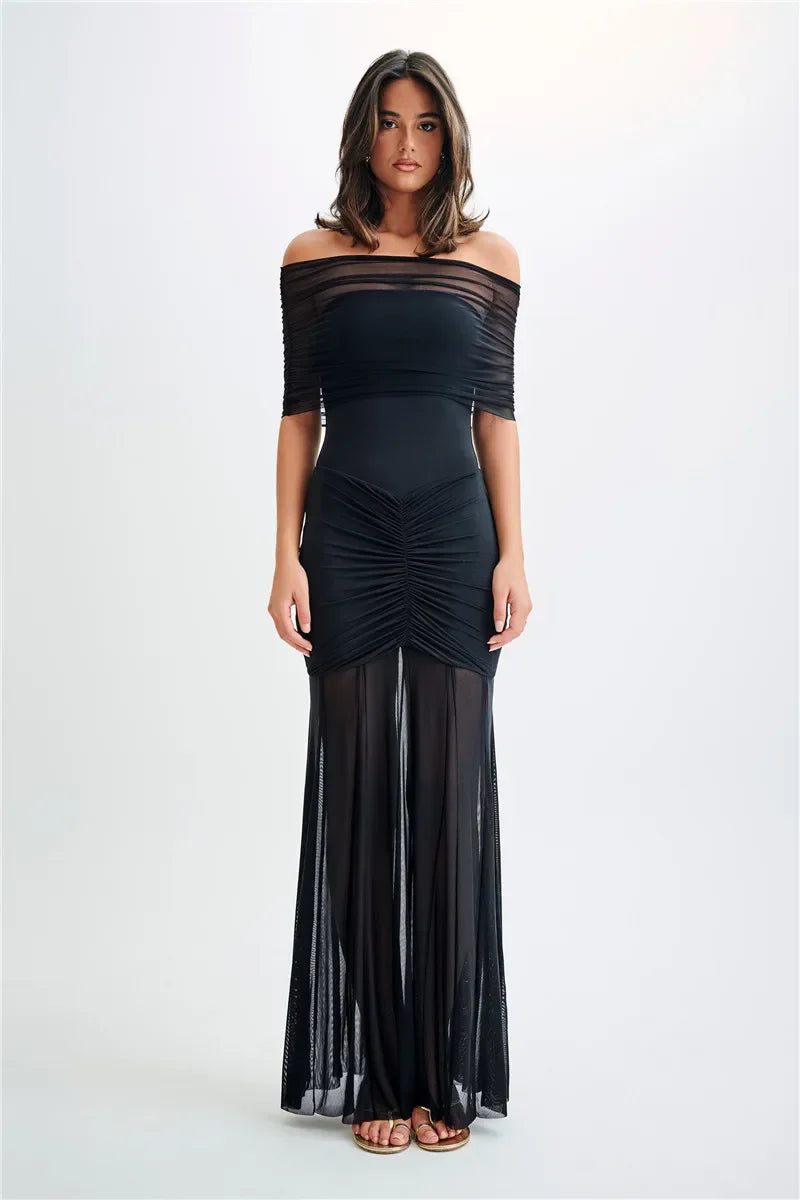 Aiertu  -  Mesh Strapless Off-shoulder Sexy Ruffled Mini Dress For Women Fashion Backless High Waist Female Ruched Party Dress Aiertu