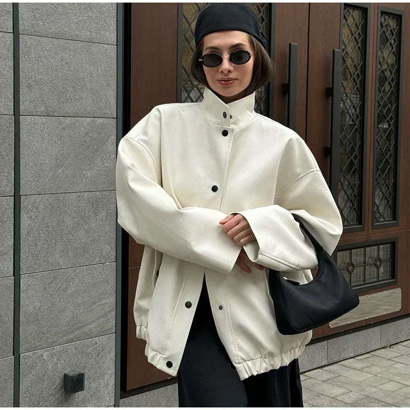 Aiertu  -  Street Women's White Leather Jacket Casual Stand Collar Single Breasted Long Sleeve Female Coat Autumn Lady Elegant Outwear Aiertu