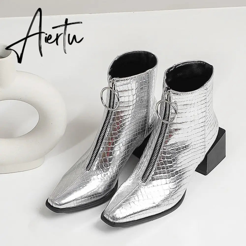 Big Size 34-48 Ankle Boots Women Silver Black Front Zipper Short Boots Ladies Thick Chunky Medium Heel Biker Boot Shoes Aiertu
