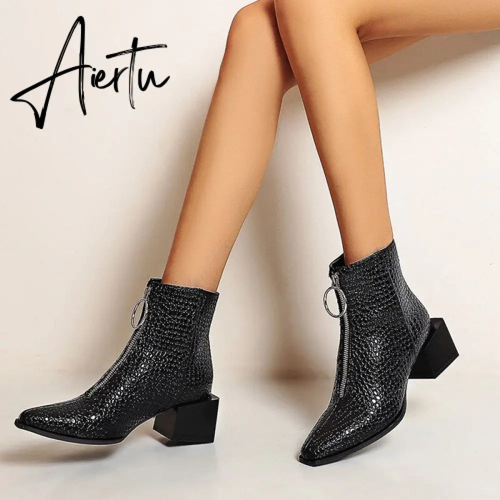 Big Size 34-48 Ankle Boots Women Silver Black Front Zipper Short Boots Ladies Thick Chunky Medium Heel Biker Boot Shoes Aiertu