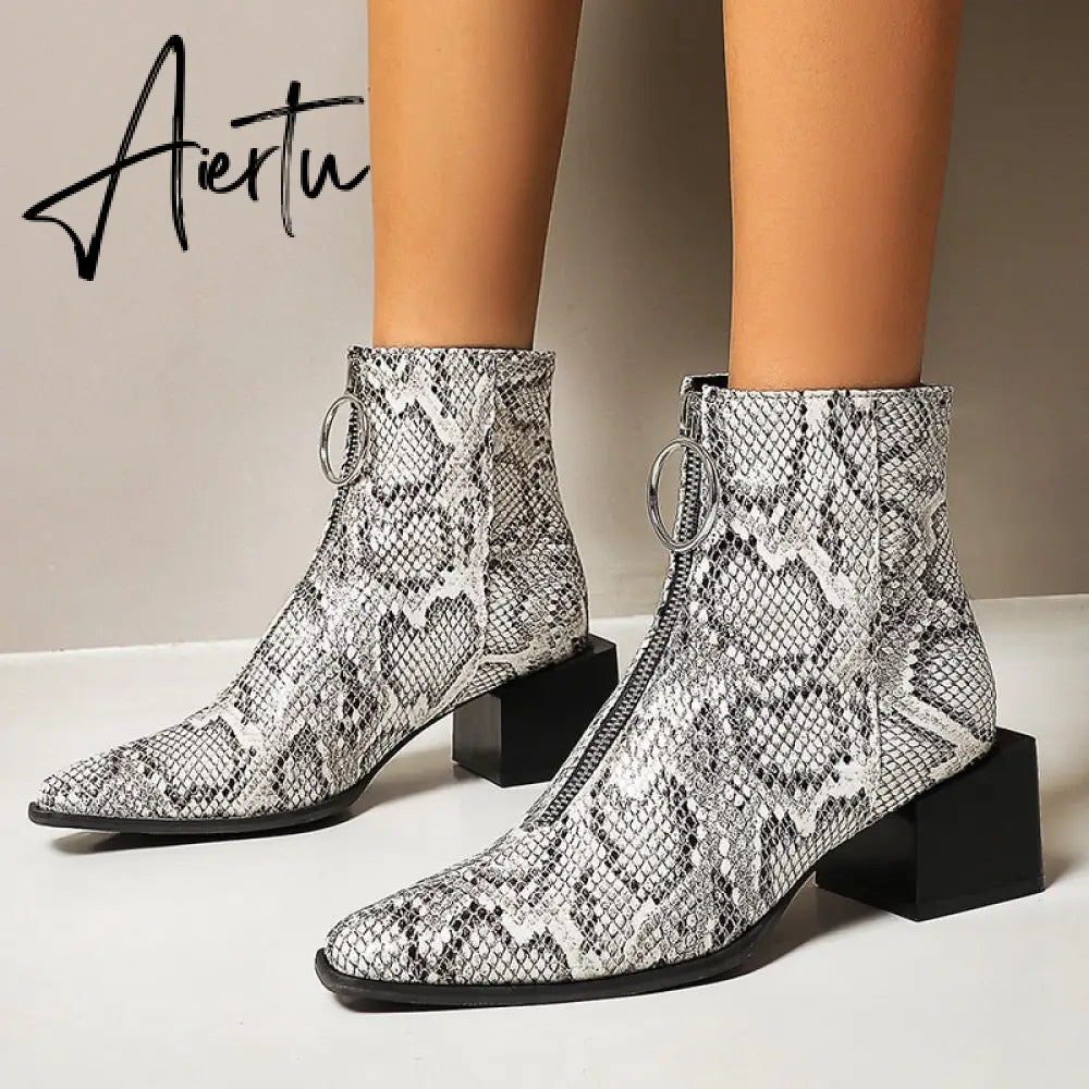 Big Size 34-48 Ankle Boots Women Silver Black Front Zipper Short Boots Ladies Thick Chunky Medium Heel Biker Boot Shoes Aiertu