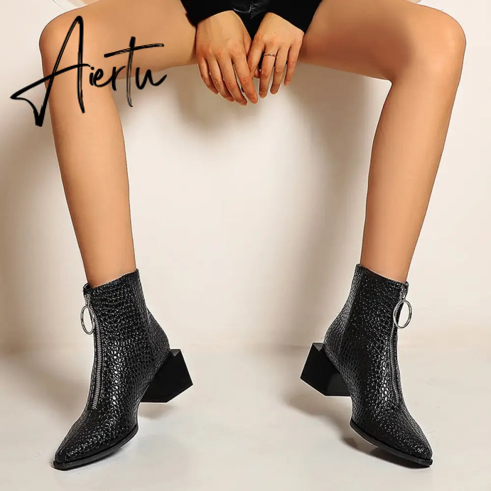 Big Size 34-48 Ankle Boots Women Silver Black Front Zipper Short Boots Ladies Thick Chunky Medium Heel Biker Boot Shoes Aiertu