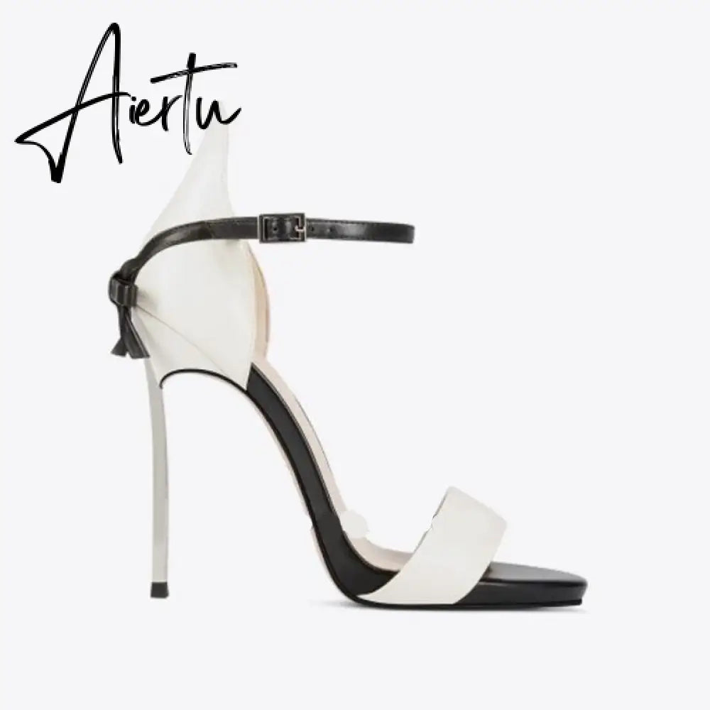 Black And White Bow Knot Sandals Metal Heel Open Toe Runway Shoes Sandals For Women Stilettos High Heel Wedding Shoes On Heels Aiertu