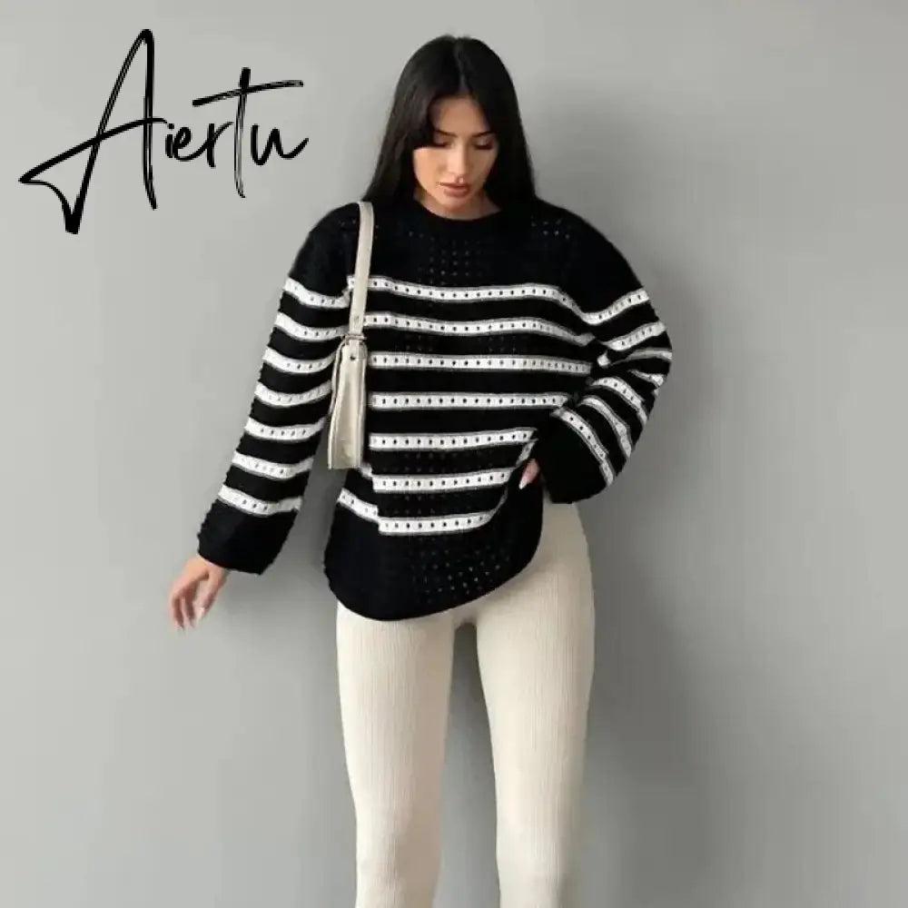 Black and White Striped Sweater Woman Hollow Out Knitted Jumper Oversized Sweater Autumn Winter Pullover Knitwear Aiertu