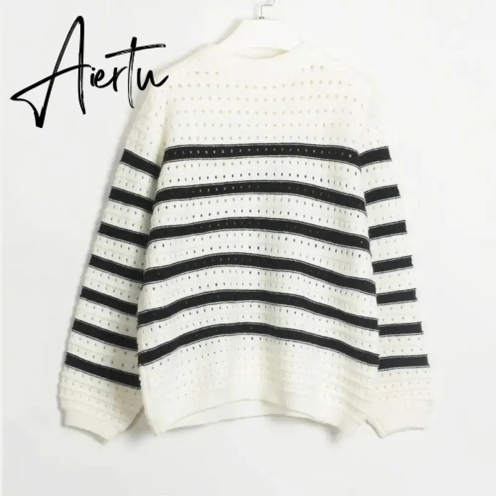 Black and White Striped Sweater Woman Hollow Out Knitted Jumper Oversized Sweater Autumn Winter Pullover Knitwear Aiertu