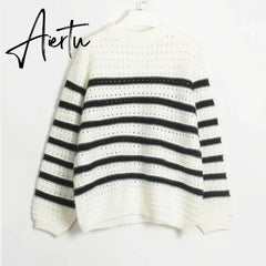 Black and White Striped Sweater Woman Hollow Out Knitted Jumper Oversized Sweater Autumn Winter Pullover Knitwear Aiertu