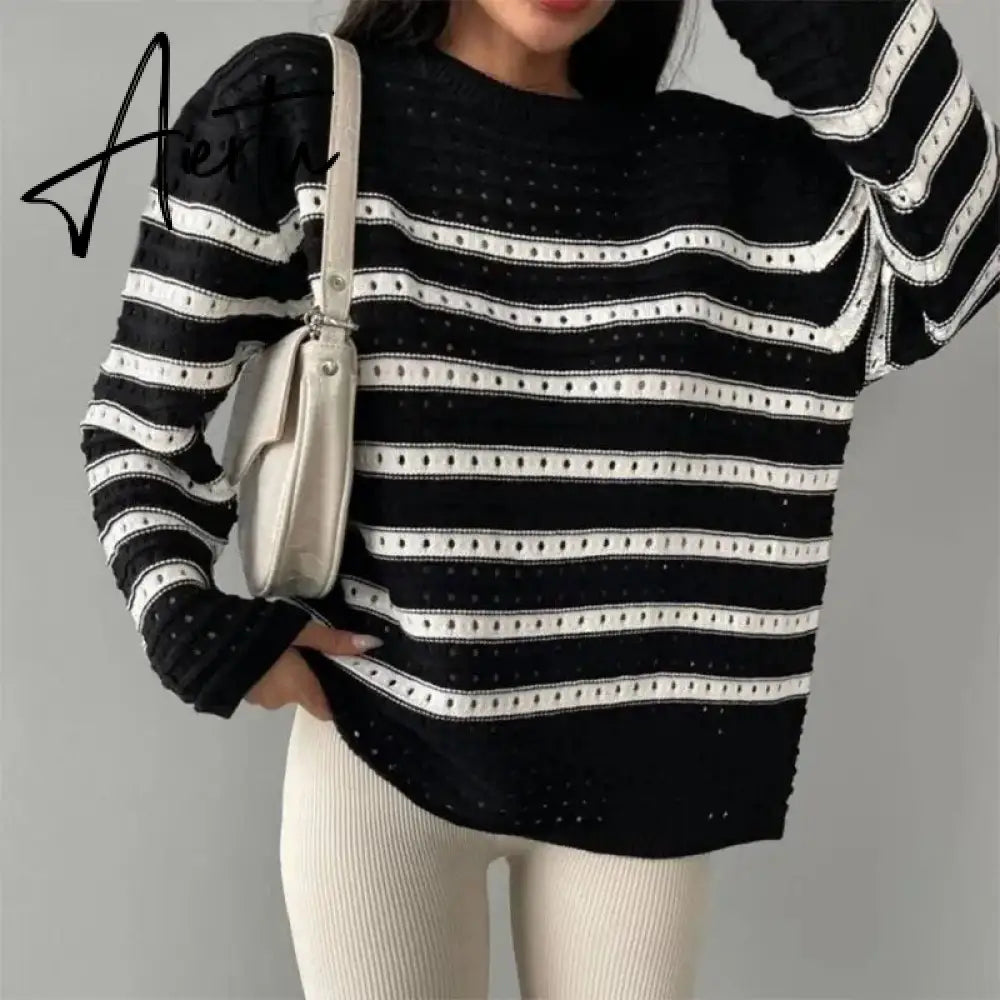 Black and White Striped Sweater Woman Hollow Out Knitted Jumper Oversized Sweater Autumn Winter Pullover Knitwear Aiertu