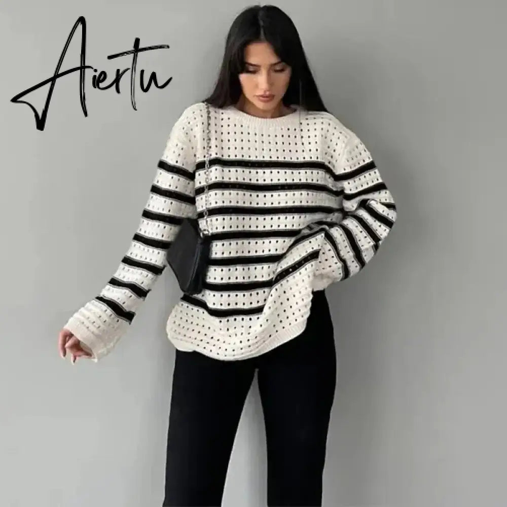 Black and White Striped Sweater Woman Hollow Out Knitted Jumper Oversized Sweater Autumn Winter Pullover Knitwear Aiertu