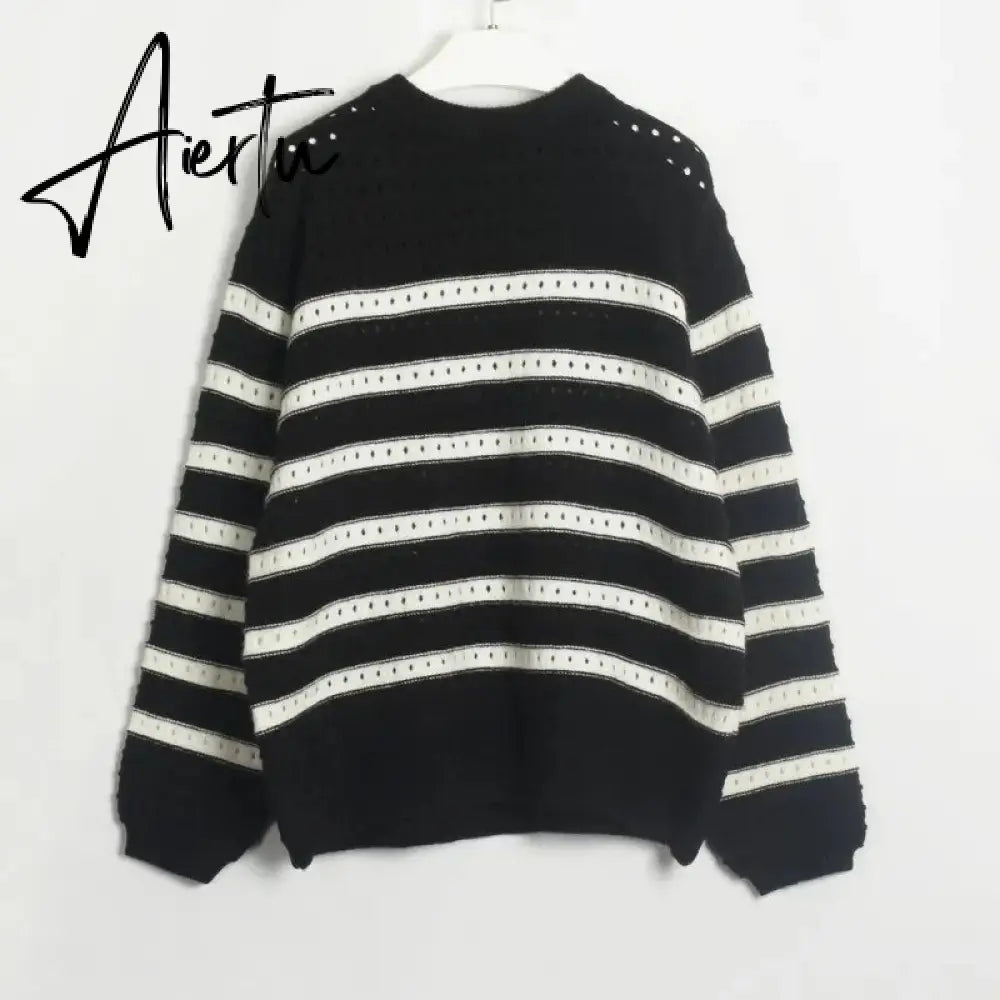 Black and White Striped Sweater Woman Hollow Out Knitted Jumper Oversized Sweater Autumn Winter Pullover Knitwear Aiertu