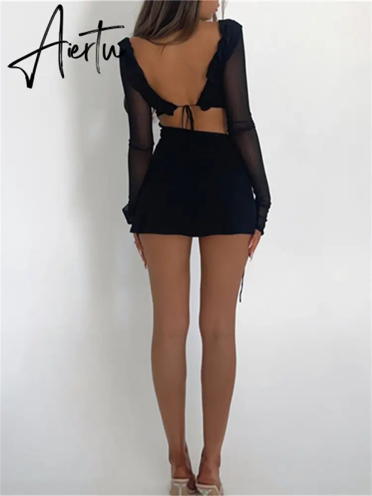 Black Bodycon Dress Spring Summer Sexy Mesh Long Sleeves Ruffles Deep V Tie-Up Short Dress Women Party Streetwear Aiertu