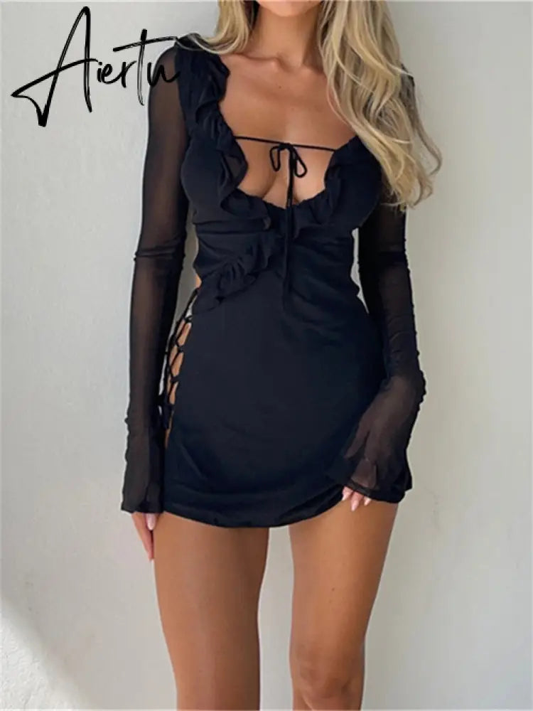 Black Bodycon Dress Spring Summer Sexy Mesh Long Sleeves Ruffles Deep V Tie-Up Short Dress Women Party Streetwear Aiertu