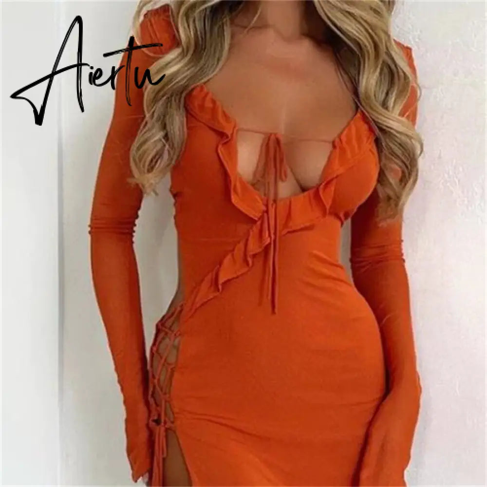 Black Bodycon Dress Spring Summer Sexy Mesh Long Sleeves Ruffles Deep V Tie-Up Short Dress Women Party Streetwear Aiertu