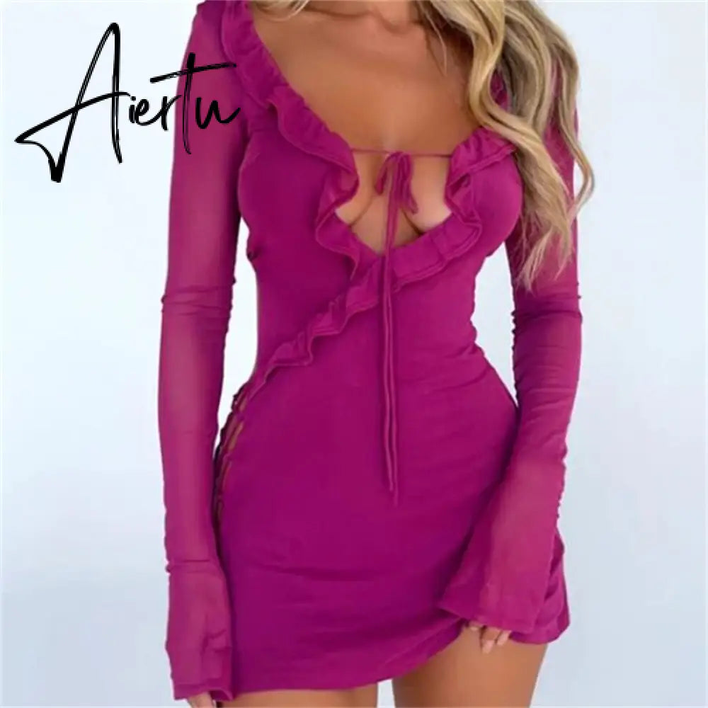 Black Bodycon Dress Spring Summer Sexy Mesh Long Sleeves Ruffles Deep V Tie-Up Short Dress Women Party Streetwear Aiertu