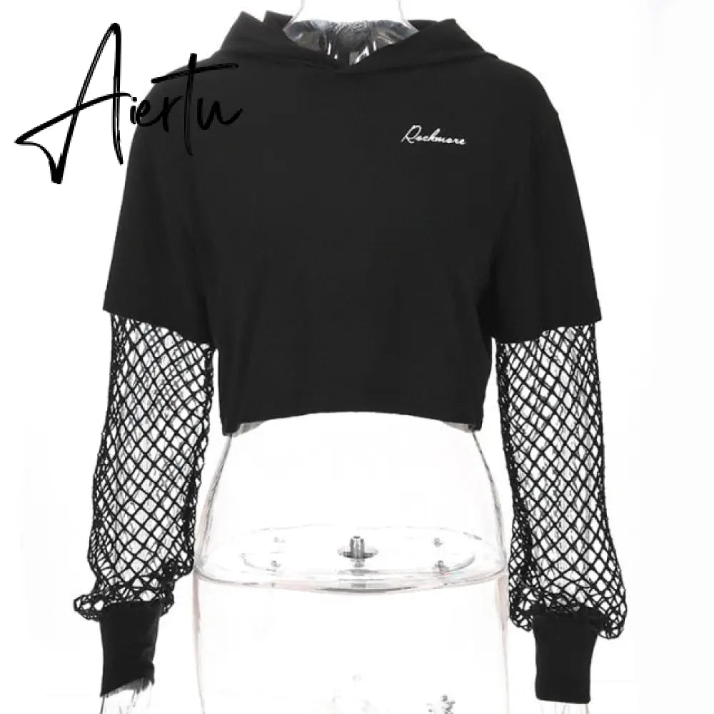 Black Crop Top Sweatshirt Long Sleeve Women Hoodies Hooded Streetwear Harajuku Hoodie Kpop Hoody Aiertu