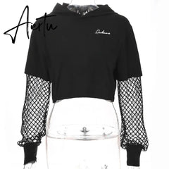 Black Crop Top Sweatshirt Long Sleeve Women Hoodies Hooded Streetwear Harajuku Hoodie Kpop Hoody Aiertu