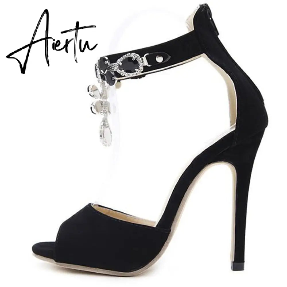 Black Crystal Women Embellished Suede Leather High Heel Sandals Sexy Peep Toe Ankle Strap Rhinestones Gladiator Shoes Aiertu