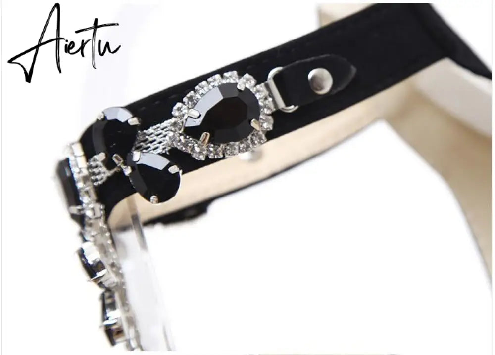 Black Crystal Women Embellished Suede Leather High Heel Sandals Sexy Peep Toe Ankle Strap Rhinestones Gladiator Shoes Aiertu
