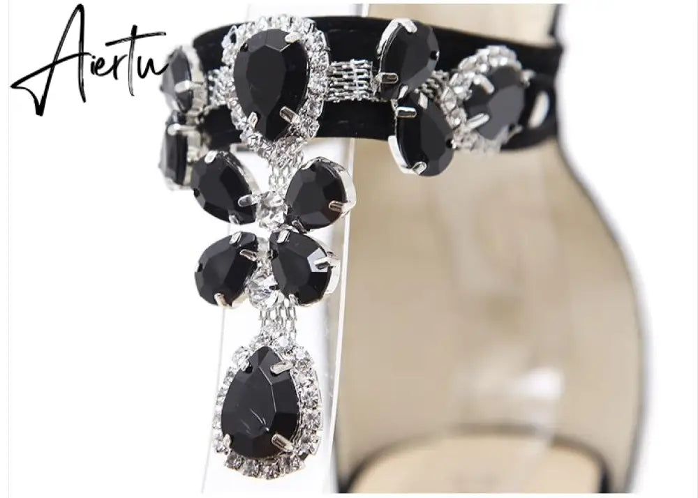 Black Crystal Women Embellished Suede Leather High Heel Sandals Sexy Peep Toe Ankle Strap Rhinestones Gladiator Shoes Aiertu