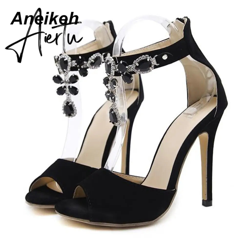 Black Crystal Women Embellished Suede Leather High Heel Sandals Sexy Peep Toe Ankle Strap Rhinestones Gladiator Shoes Aiertu