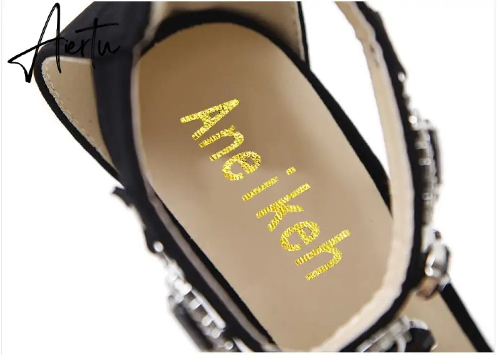 Black Crystal Women Embellished Suede Leather High Heel Sandals Sexy Peep Toe Ankle Strap Rhinestones Gladiator Shoes Aiertu