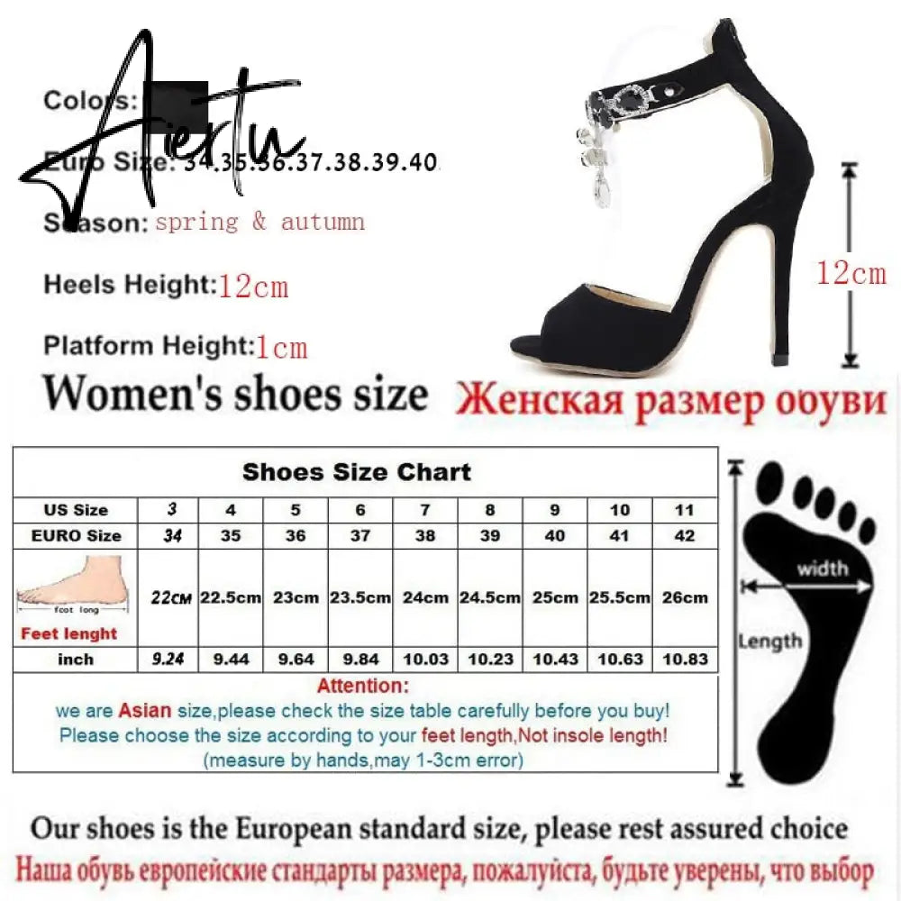 Black Crystal Women Embellished Suede Leather High Heel Sandals Sexy Peep Toe Ankle Strap Rhinestones Gladiator Shoes Aiertu