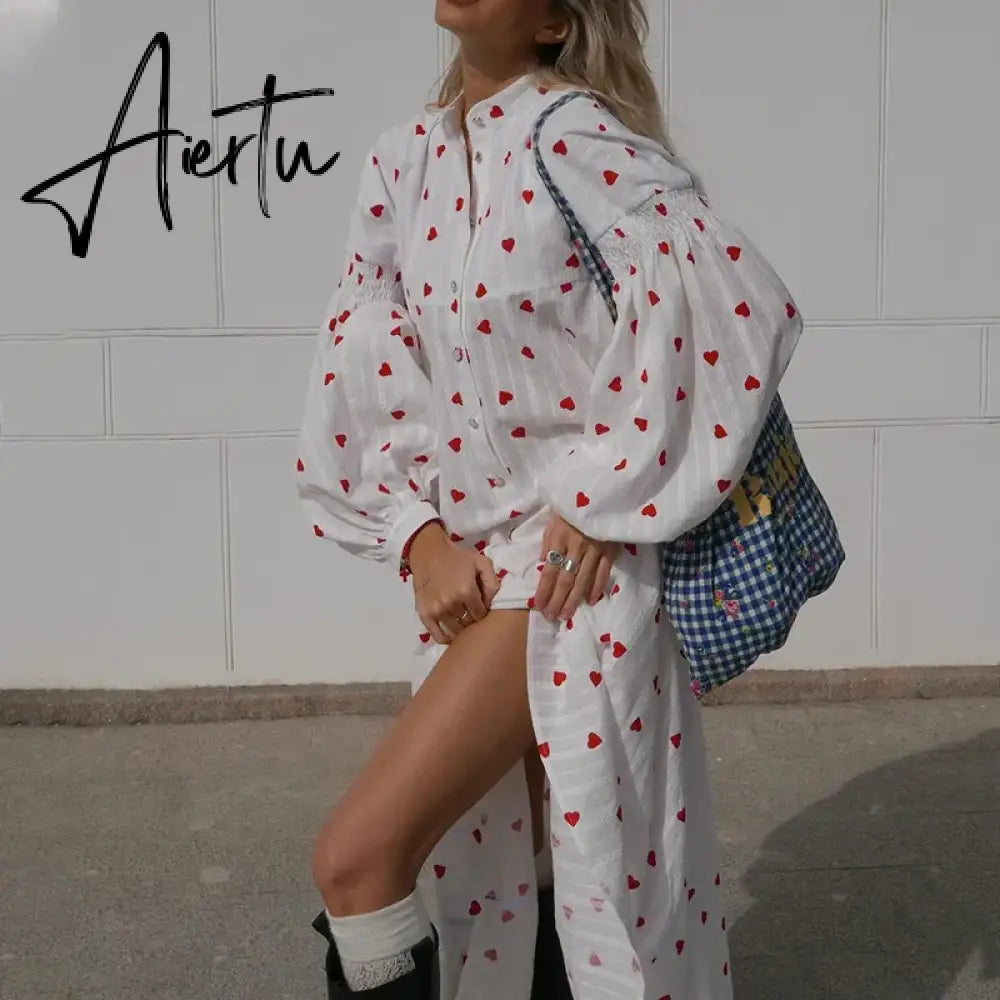 Black Friday Bohemia Heart Printing Puff Long Sleeve Dresses Women Fashion Loose Vestidos Vintage Female Cotton Office Ladies Summer Dress Aiertu