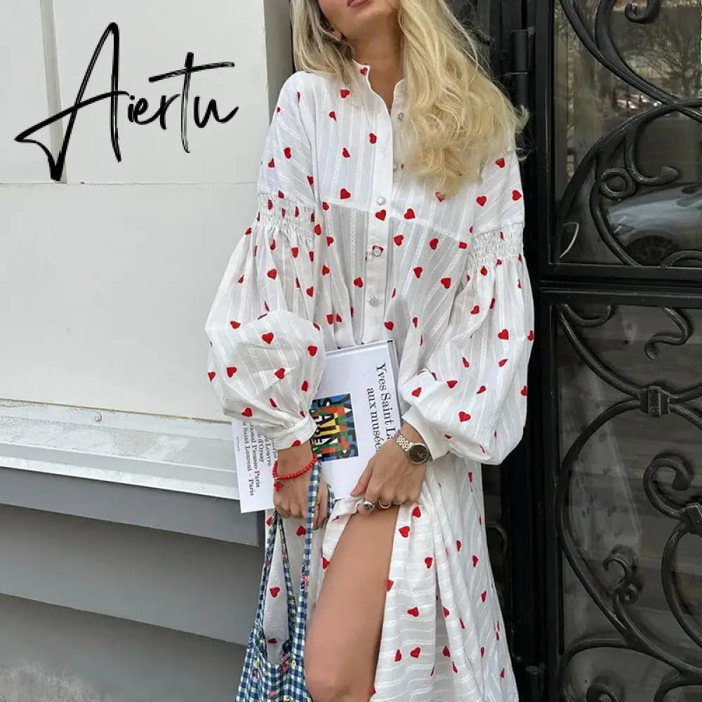 Black Friday Bohemia Heart Printing Puff Long Sleeve Dresses Women Fashion Loose Vestidos Vintage Female Cotton Office Ladies Summer Dress Aiertu