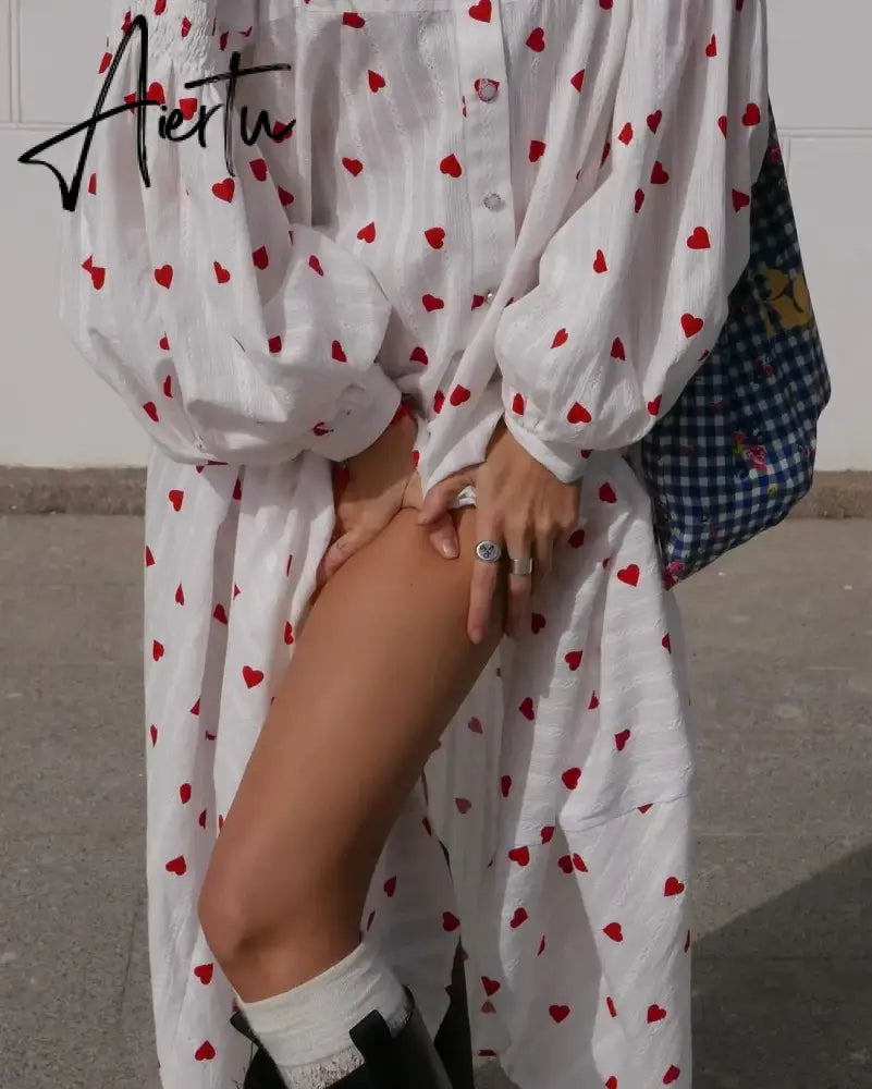 Black Friday Bohemia Heart Printing Puff Long Sleeve Dresses Women Fashion Loose Vestidos Vintage Female Cotton Office Ladies Summer Dress Aiertu