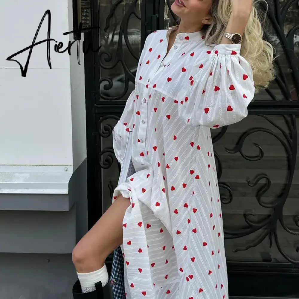 Black Friday Bohemia Heart Printing Puff Long Sleeve Dresses Women Fashion Loose Vestidos Vintage Female Cotton Office Ladies Summer Dress Aiertu