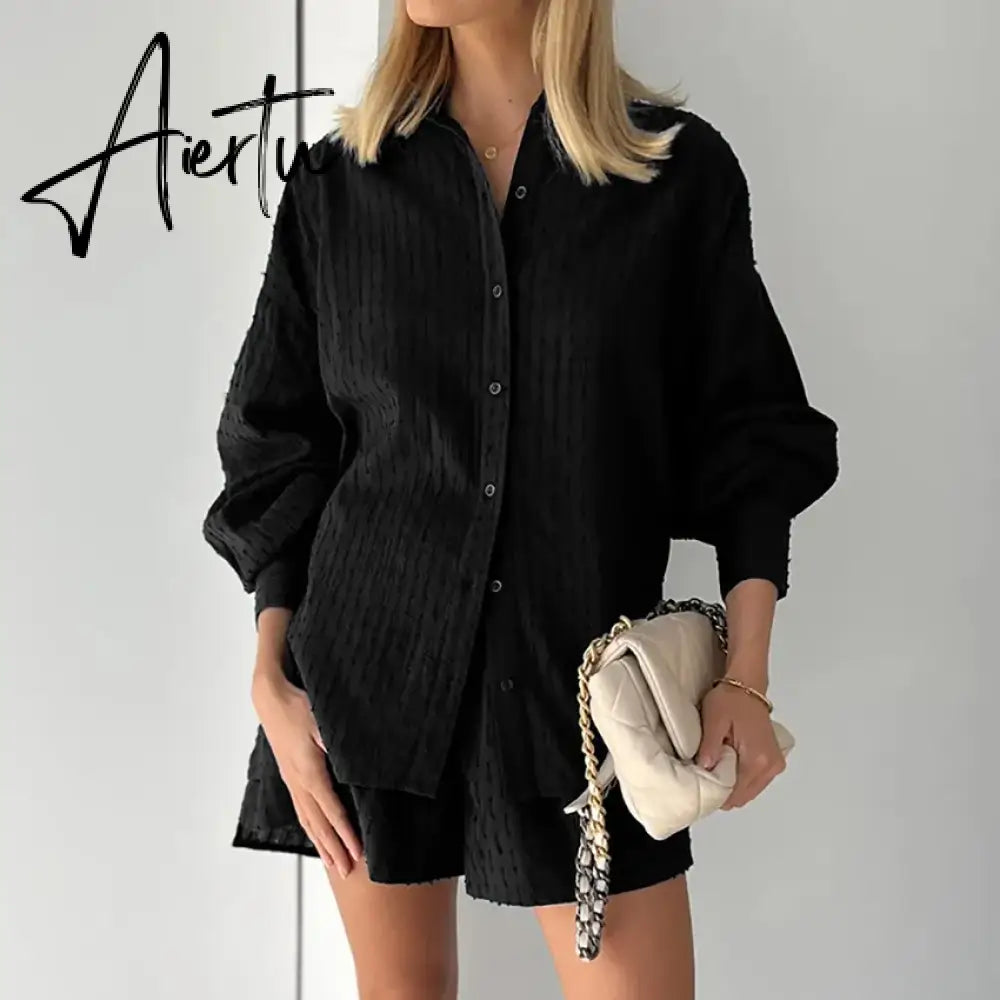 Black Friday Casual Jacquard Shorts Suit Women  Summer Loose Long Sleeve Shirt Two Piece Set Lady Hawaiian Style Shorts 2 Piece Set Aiertu