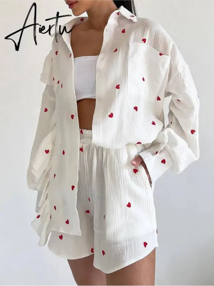 Black Friday Cotton Women Tracksuit Shirt Shorts Two Piece Set Fashion Ruffle Love Long Sleeve Shorts Suit Summer Casual Female Outfits Aiertu