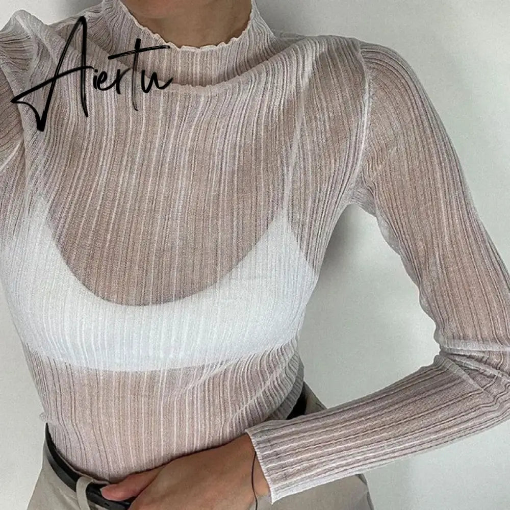 Black Friday Fall Elegant See Through Long Sleeve Mock Neck Women Tops Fashion Streetwear Sexy T-Shirts Tees Slim Clothes Aiertu